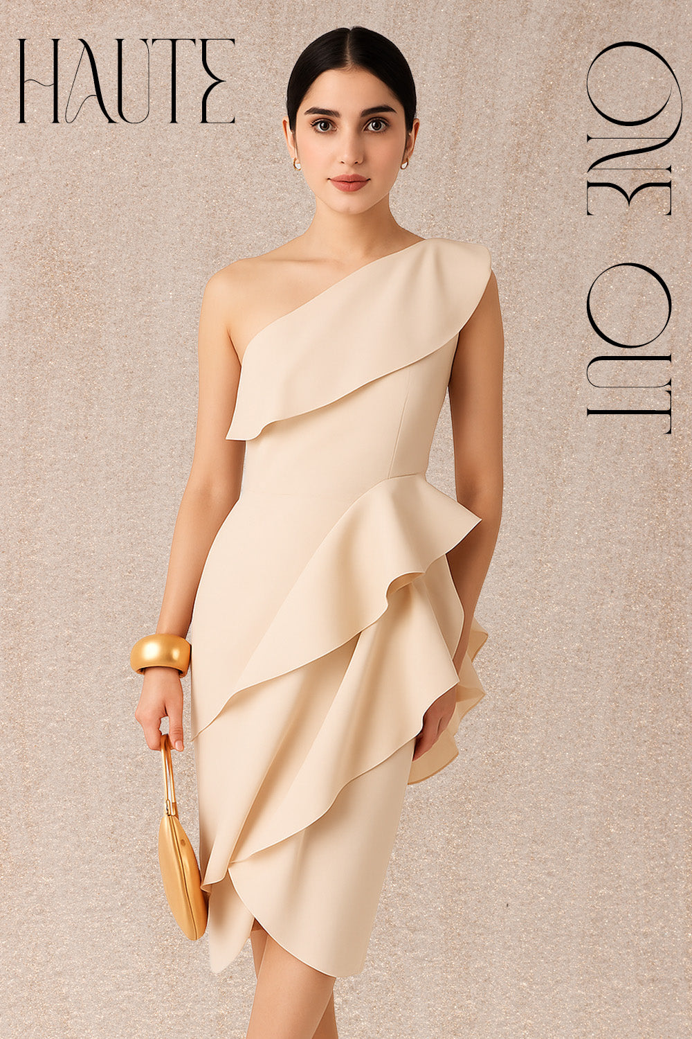 Ivory Sculpted One-Shoulder Ruffle Dress