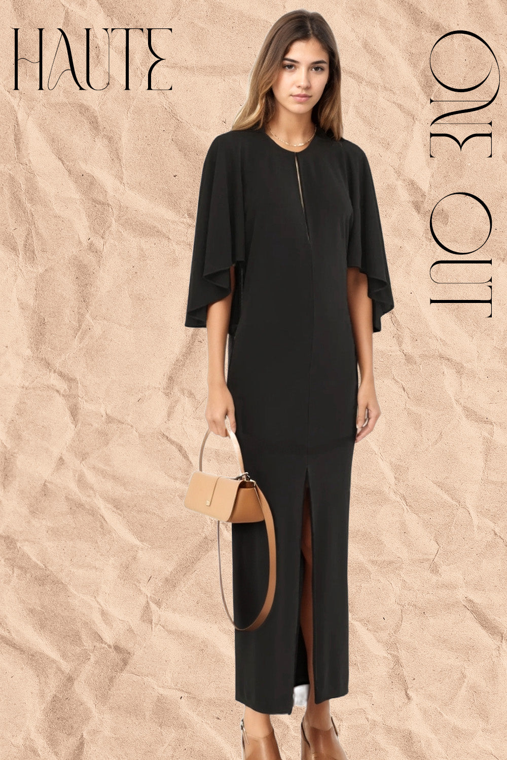 Black Structured Cape Sleeve Midi Dress