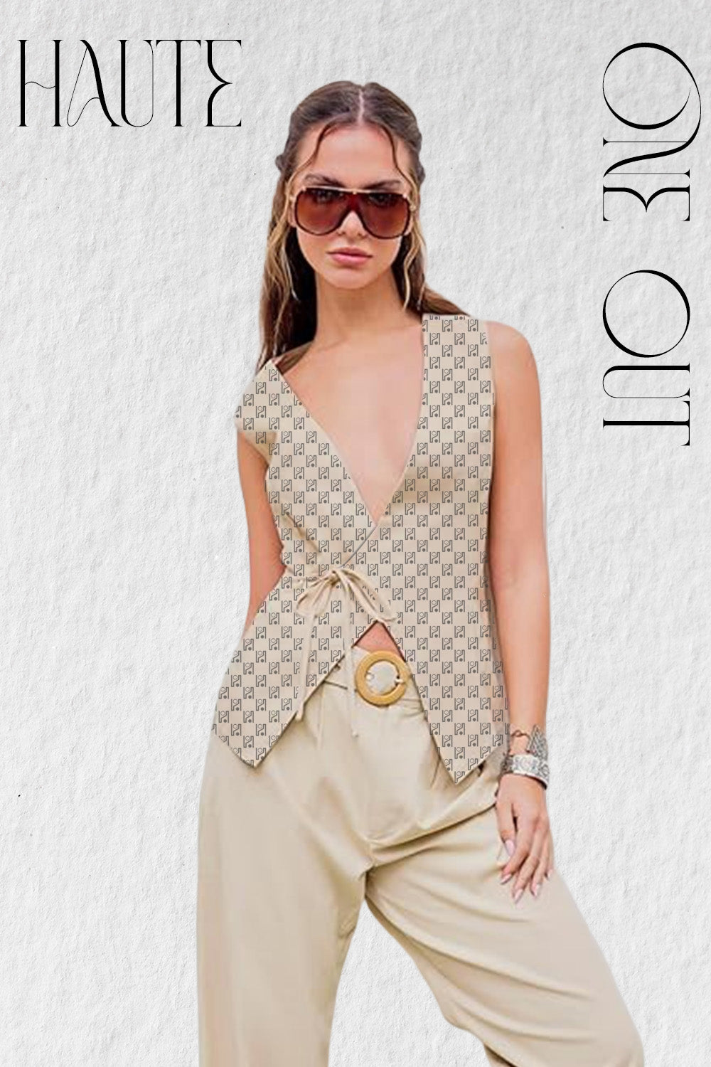 Beige Monogram Wrap Vest With Side Tie
