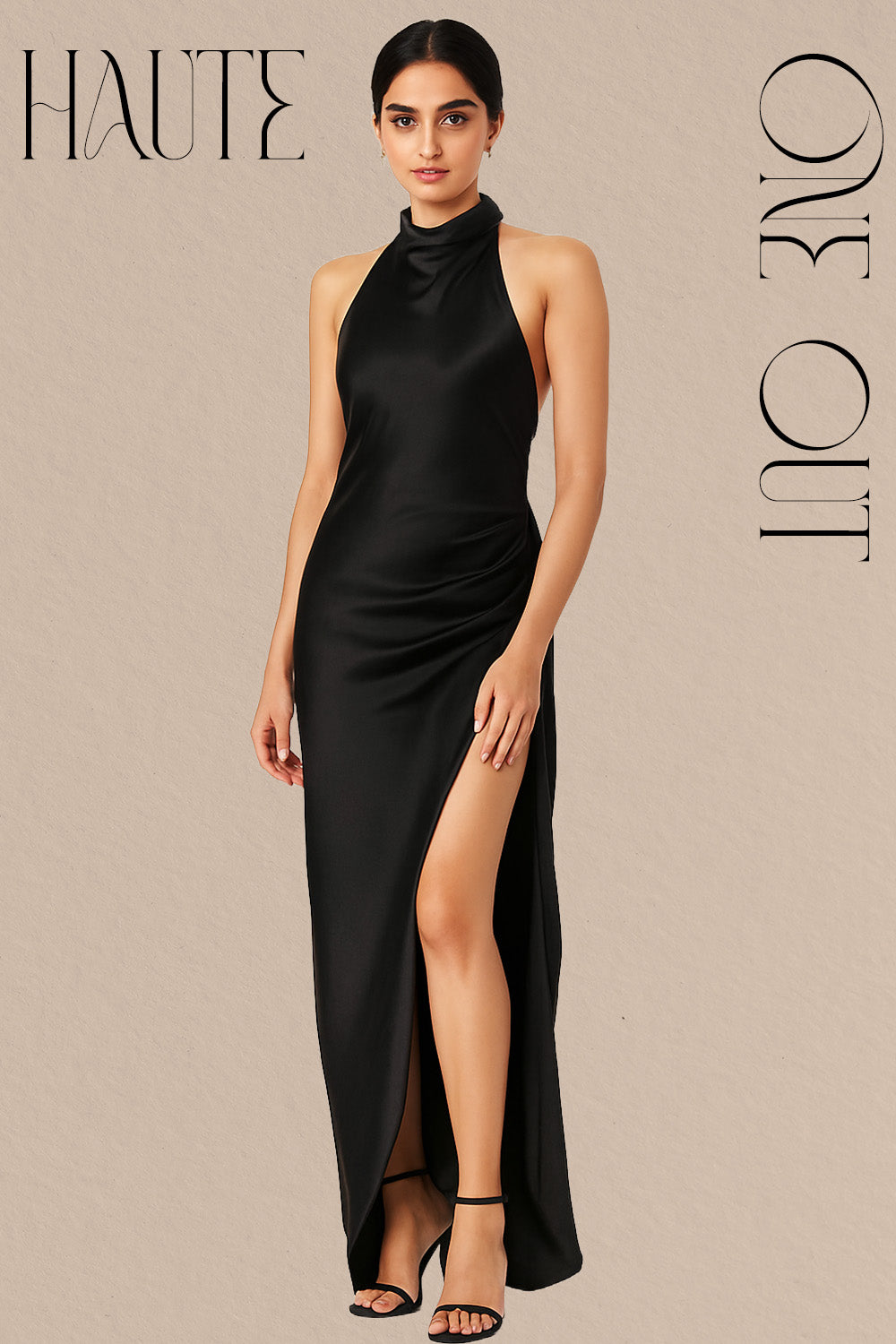 Black Halter-Neck Satin Maxi Dress With Thigh-High Slit