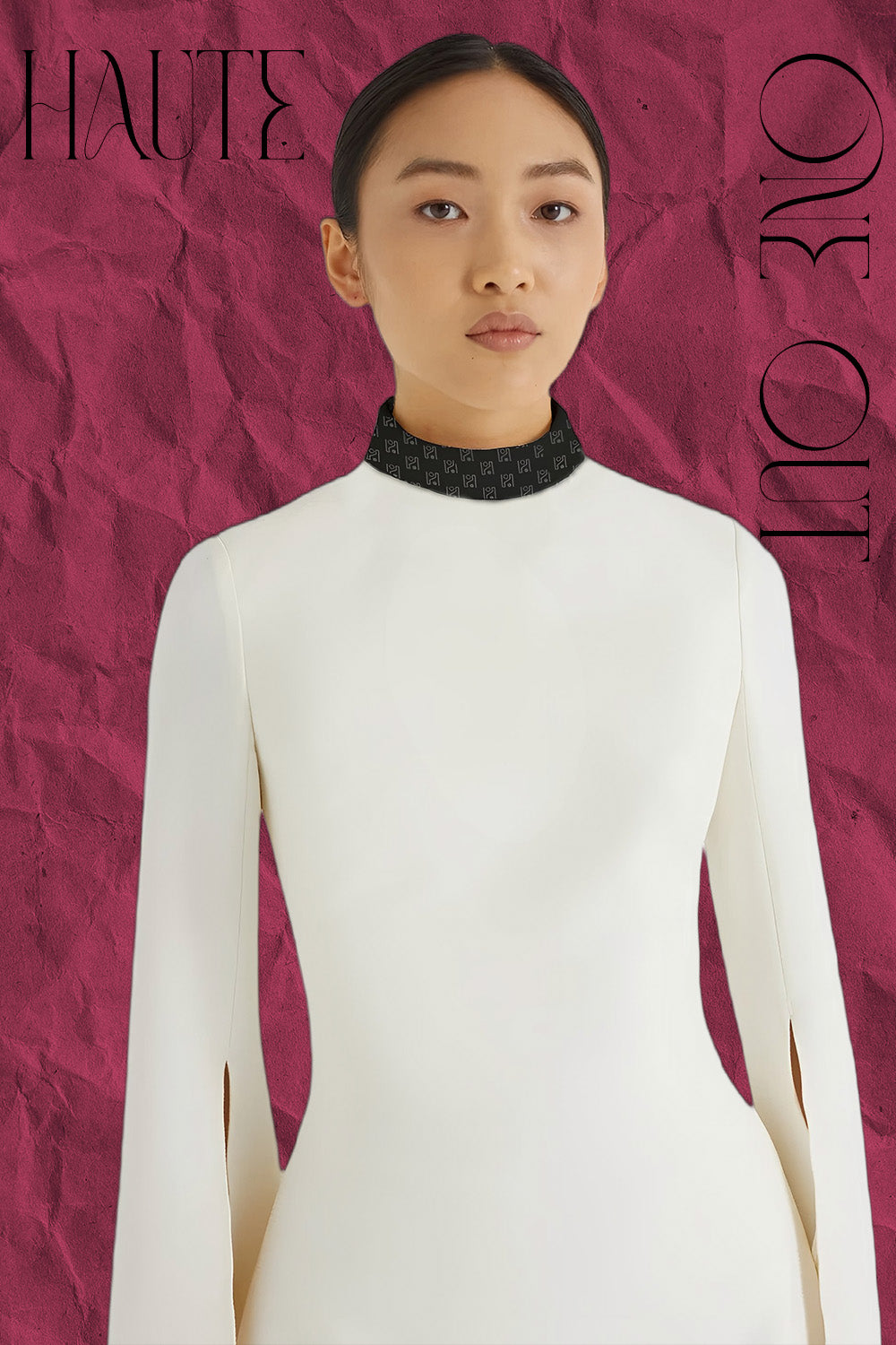 Ivory High-Neck Tunic Dress With Monogram Collar And Slit Sleeves