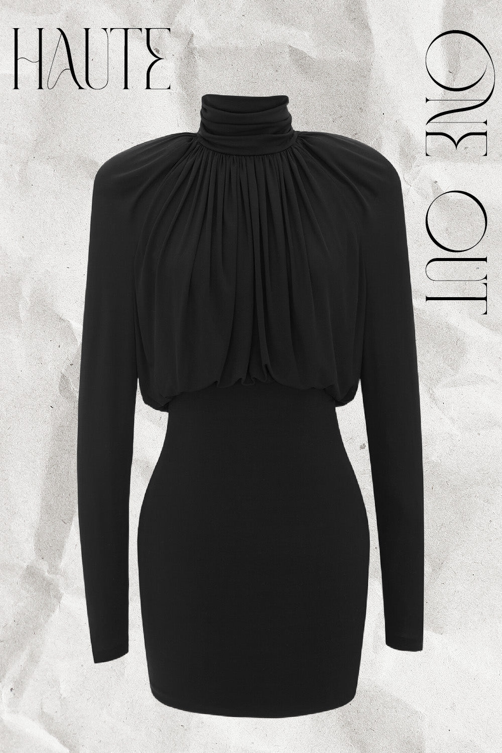 Black Ruched High-Neck Draped Mini Dress