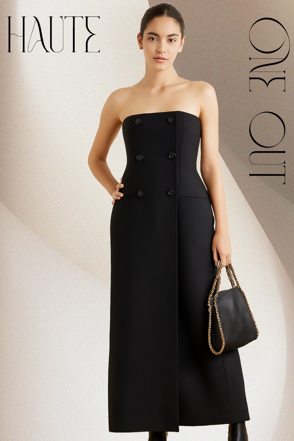 Black Strapless Double-Breasted Maxi Dress