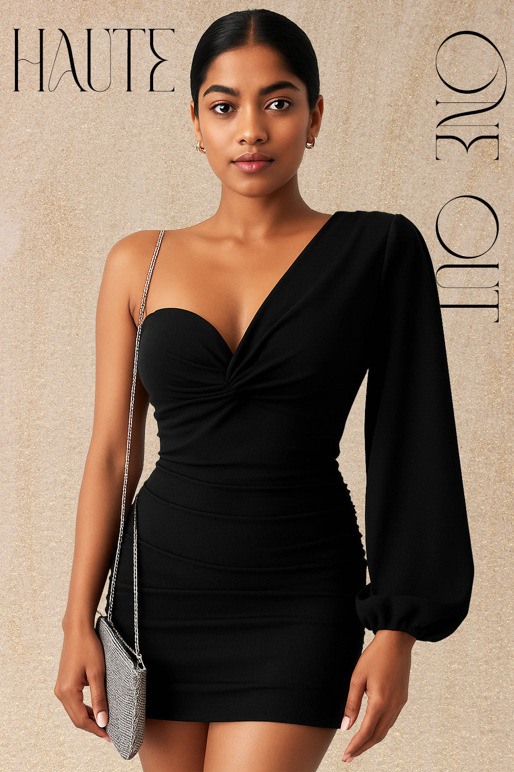 Black One-Shoulder Draped Mini Dress