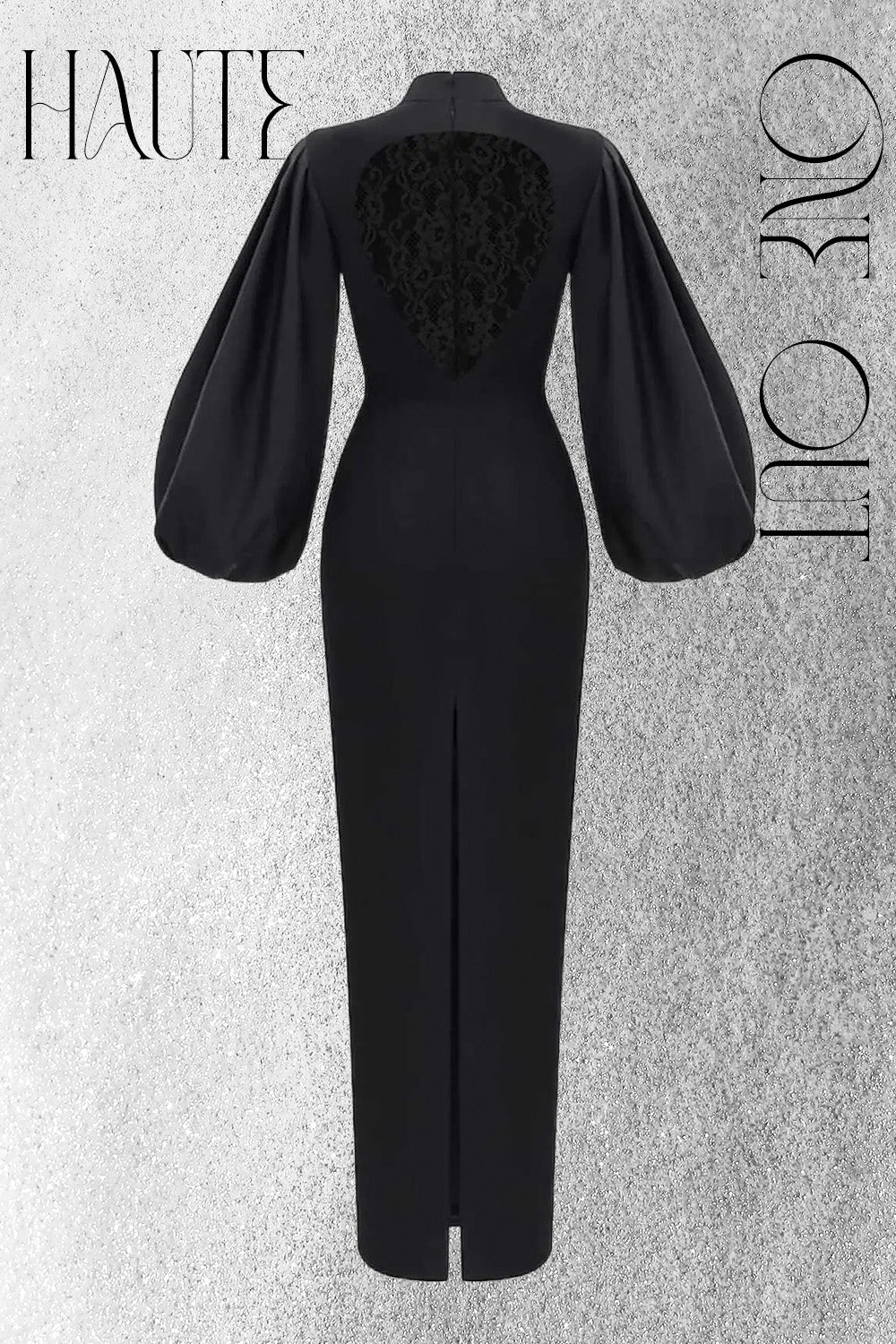 Black Satin Gown With Lace Back And Balloon Sleeves