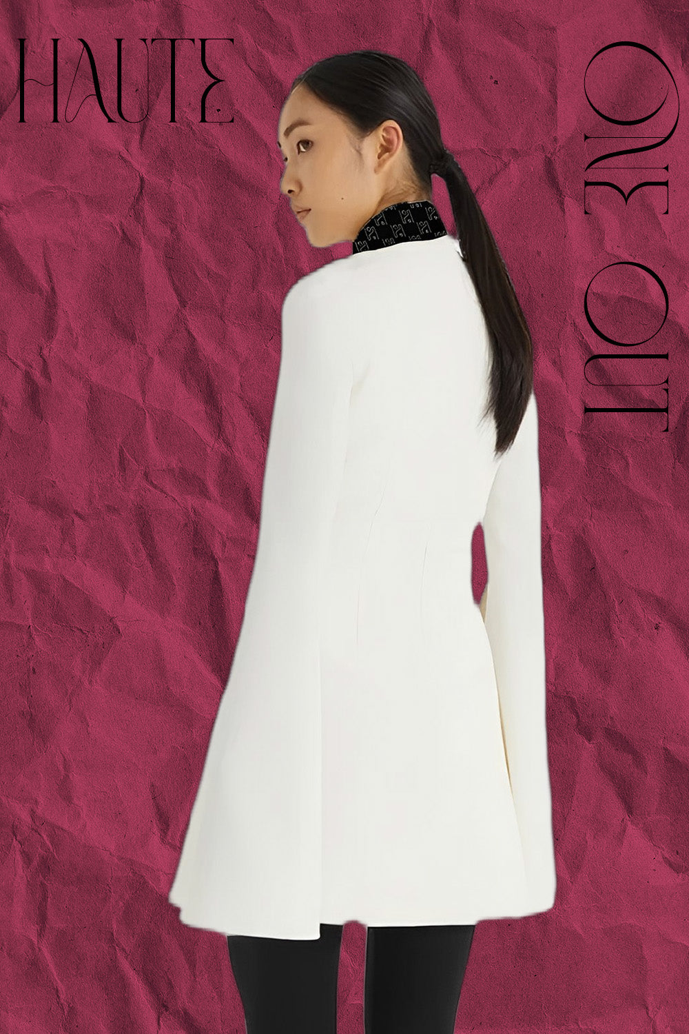 Ivory High-Neck Tunic Dress With Monogram Collar And Slit Sleeves