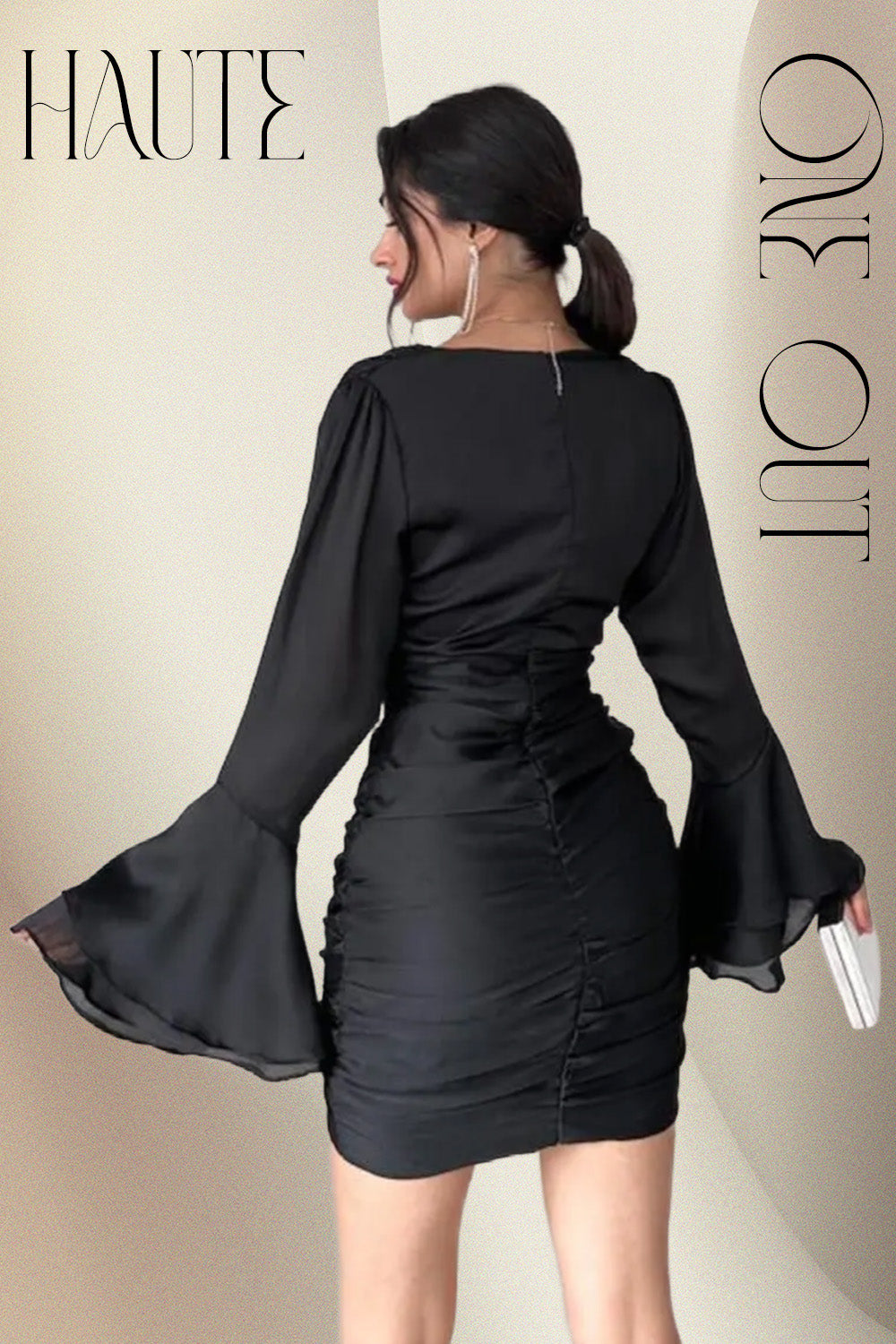 Black Deep V-Neck Wrap Mini Dress With Bell Sleeves