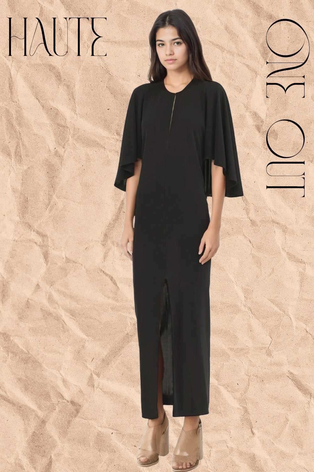 Black Structured Cape Sleeve Midi Dress