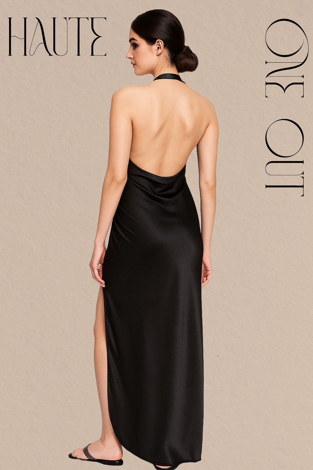Black Halter-Neck Satin Maxi Dress With Thigh-High Slit