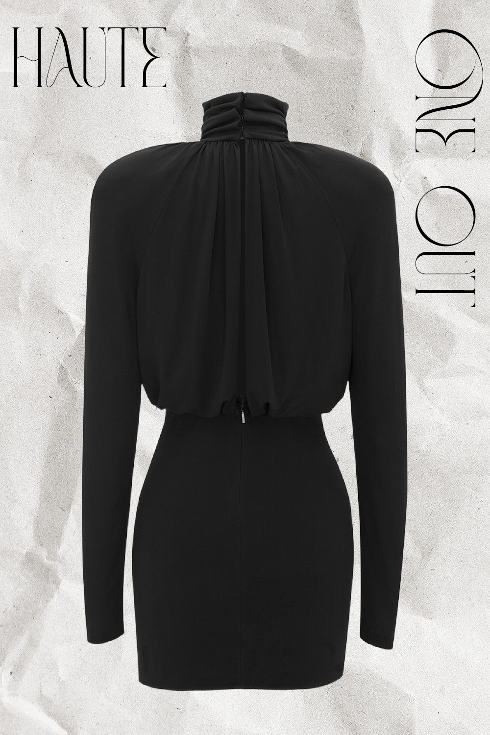 Black Ruched High-Neck Draped Mini Dress