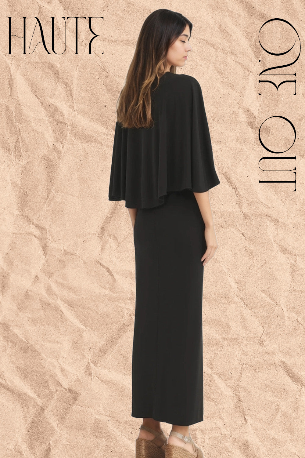 Black Structured Cape Sleeve Midi Dress