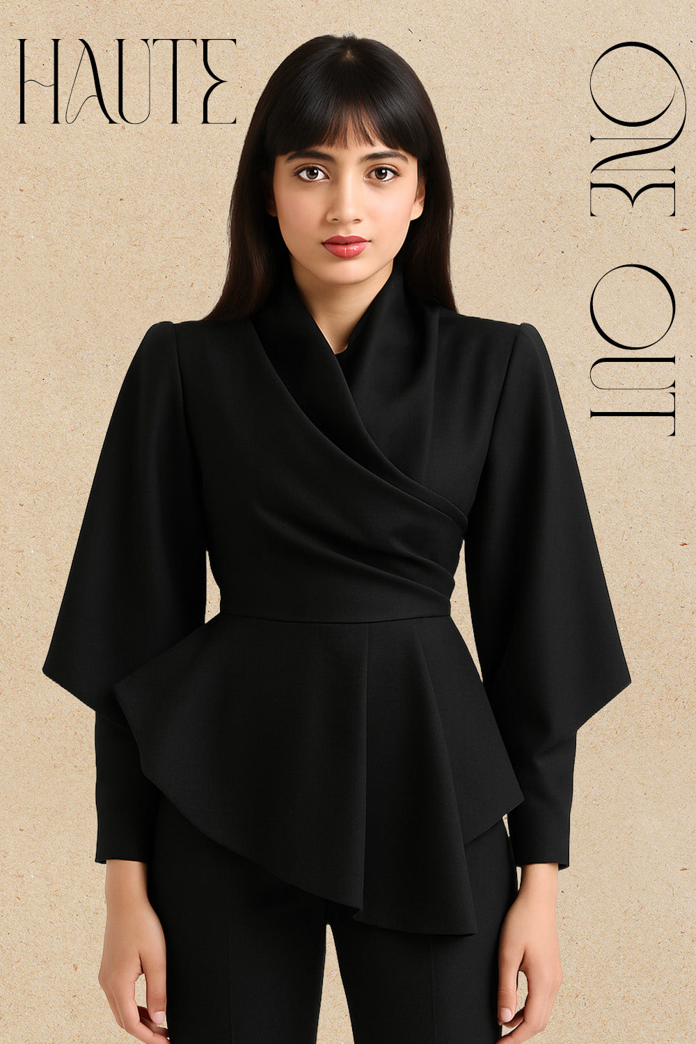 Black Draped Peplum Jacket Top With Sculpted Sleeves