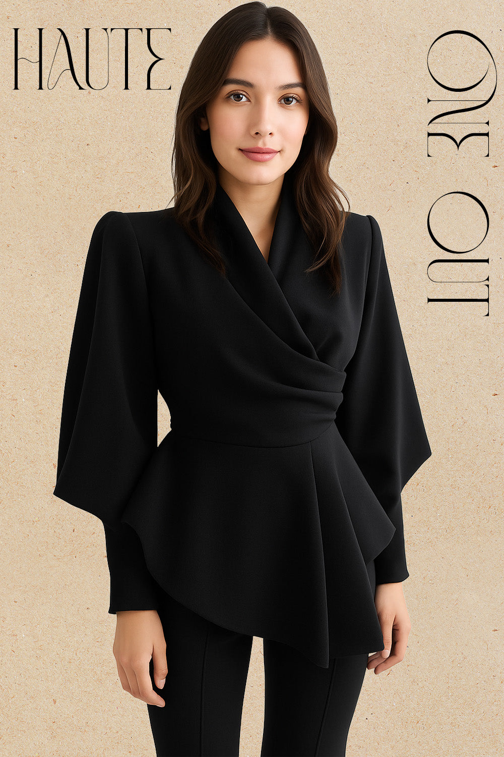 Black Draped Peplum Jacket Top With Sculpted Sleeves