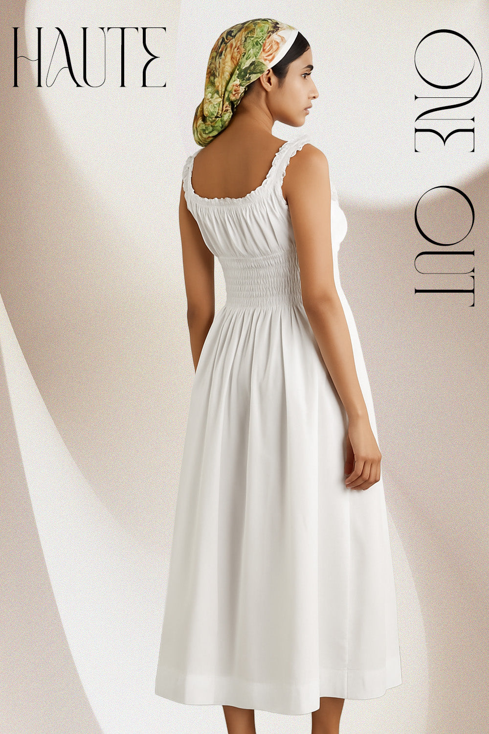 Ruffle-Strap Smocked Midi Dress – White
