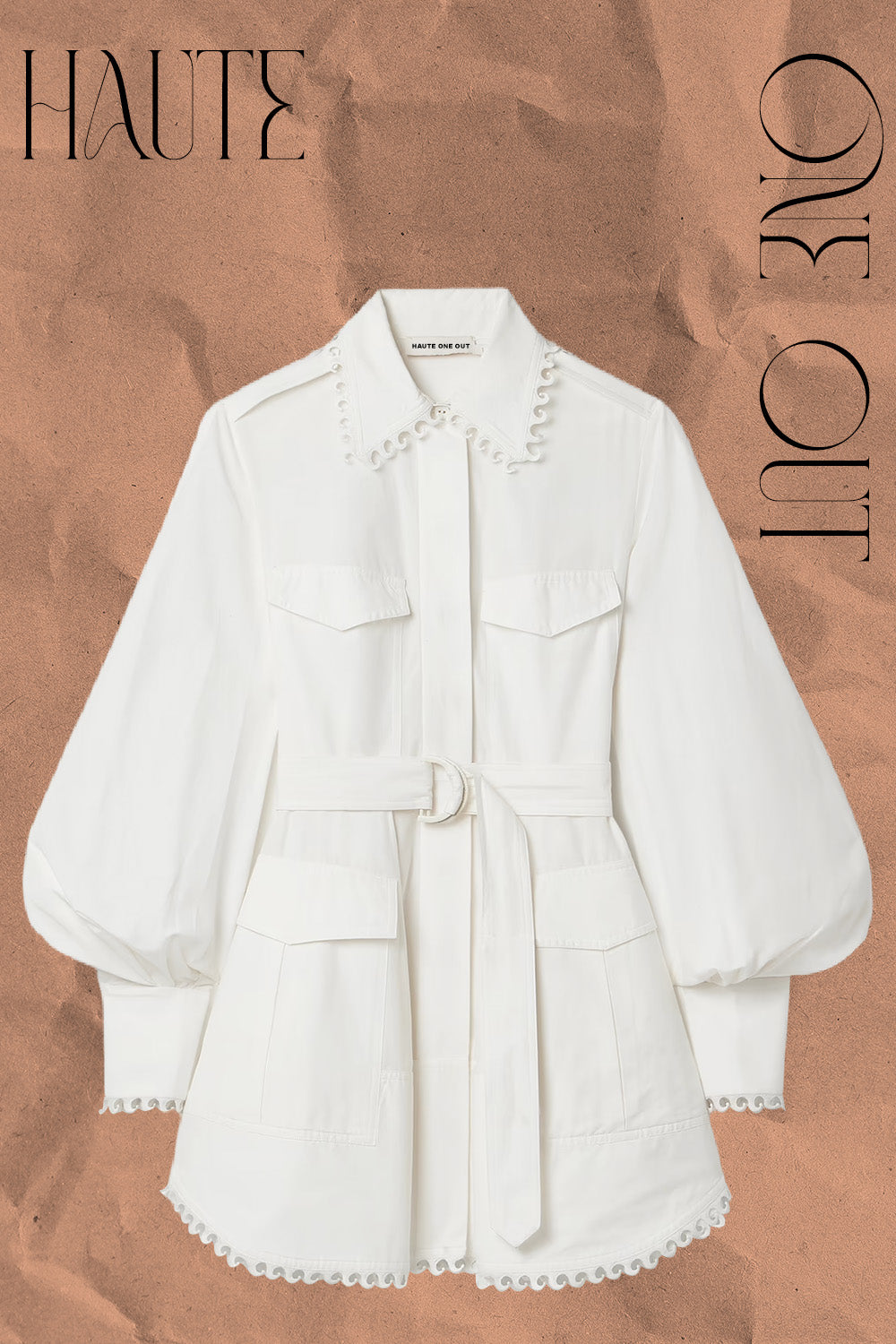 White Belted Shirt Dress with Scallop Detail