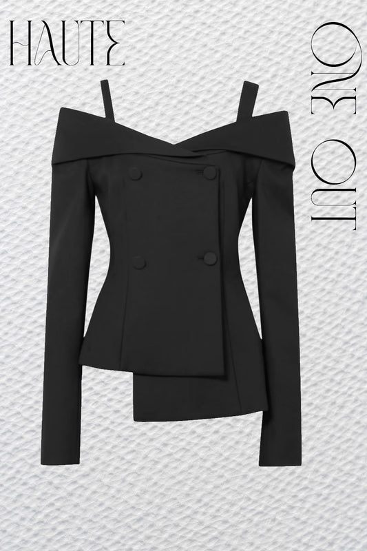 Black Off-Shoulder Structured Blazer Top With Shoulder Straps