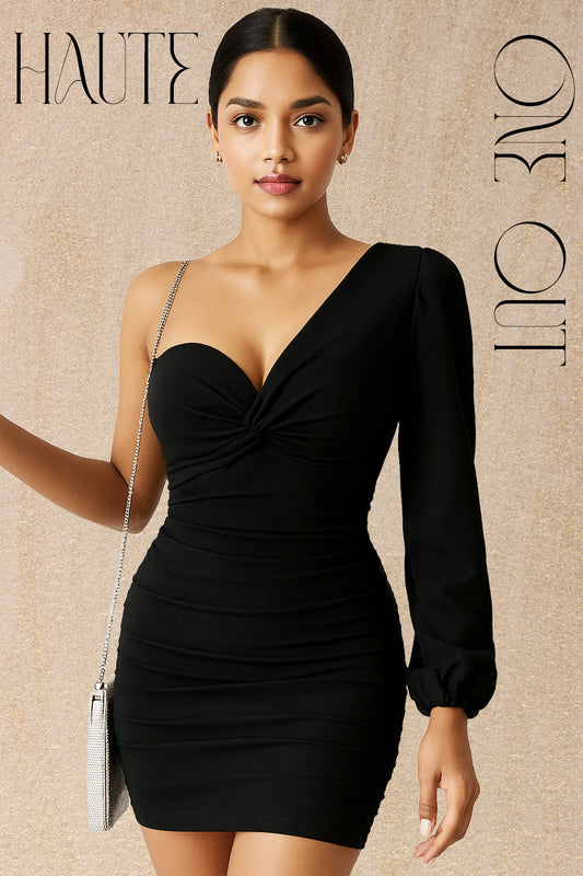 Black One-Shoulder Draped Mini Dress