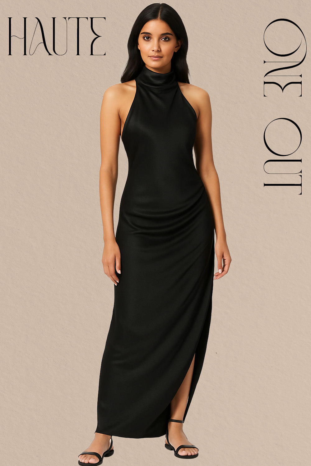 Black Halter-Neck Satin Maxi Dress With Thigh-High Slit