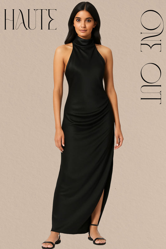 Black Halter-Neck Satin Maxi Dress With Thigh-High Slit