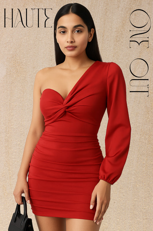 One-Shoulder Knot Detail Red Bodycon Mini Dress