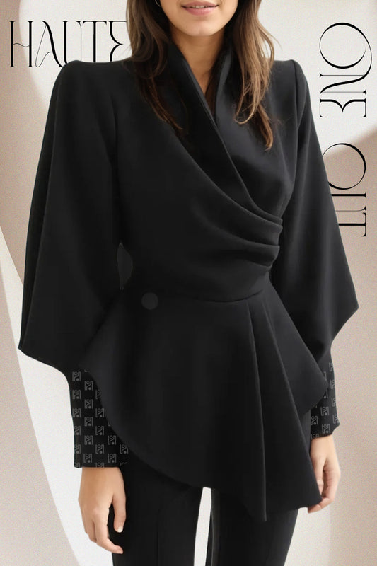 Black Draped Peplum Top With Structured Printed Sleeves