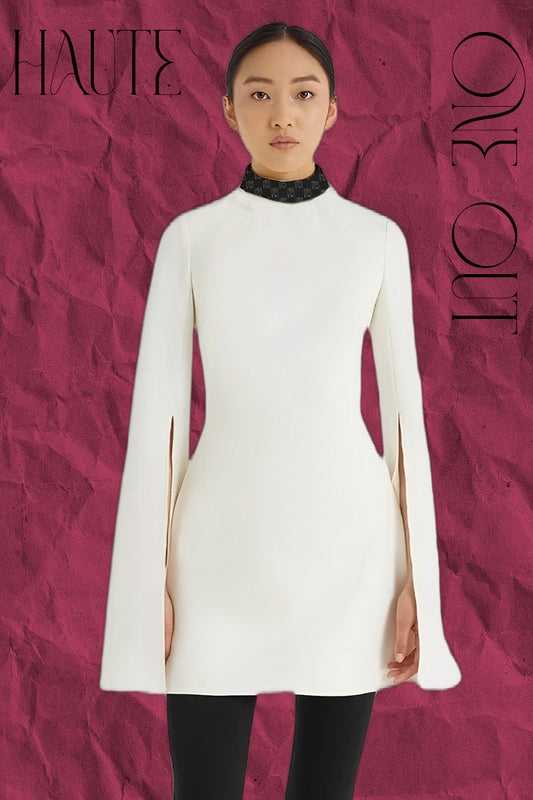 Ivory High-Neck Tunic Dress With Monogram Collar And Slit Sleeves