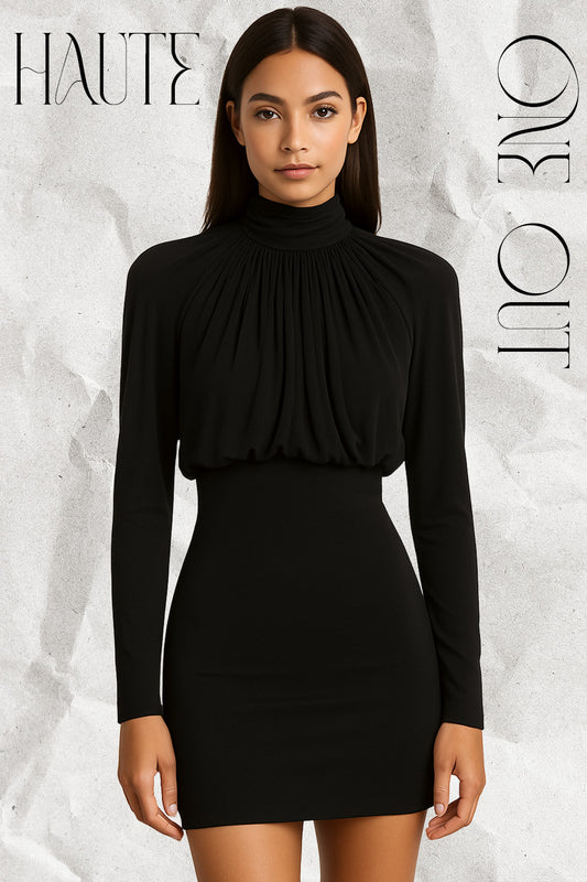 Black Ruched High-Neck Draped Mini Dress