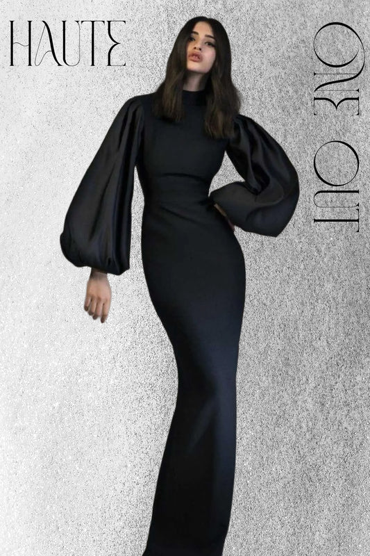 Black Satin Gown With Lace Back And Balloon Sleeves