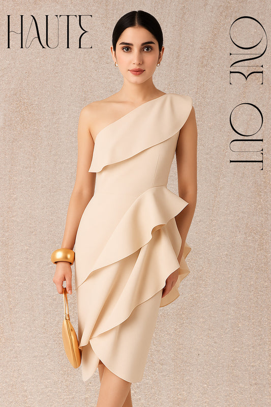 Ivory Sculpted One-Shoulder Ruffle Dress