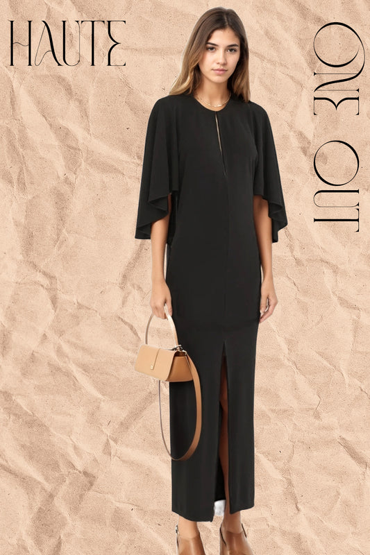 Black Structured Cape Sleeve Midi Dress