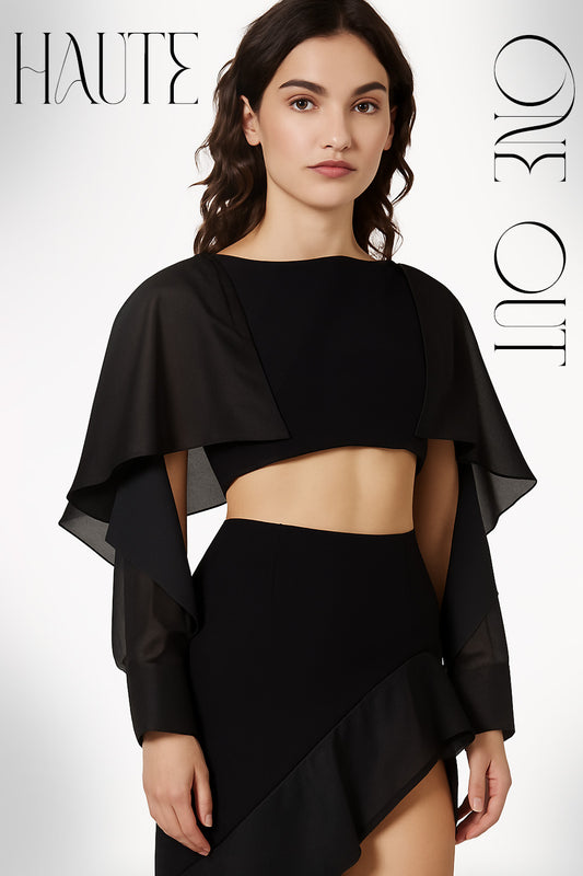 Black Cape Sleeve Crop Top And High-Low Skirt Co-ord Set
