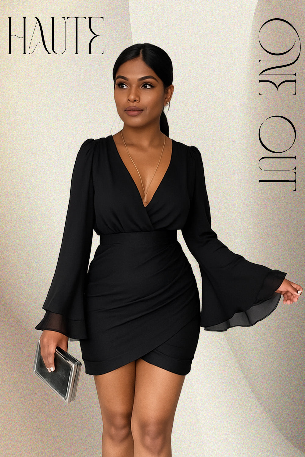 Black Deep V-Neck Wrap Mini Dress With Bell Sleeves