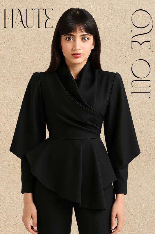 Black Draped Peplum Jacket Top With Sculpted Sleeves