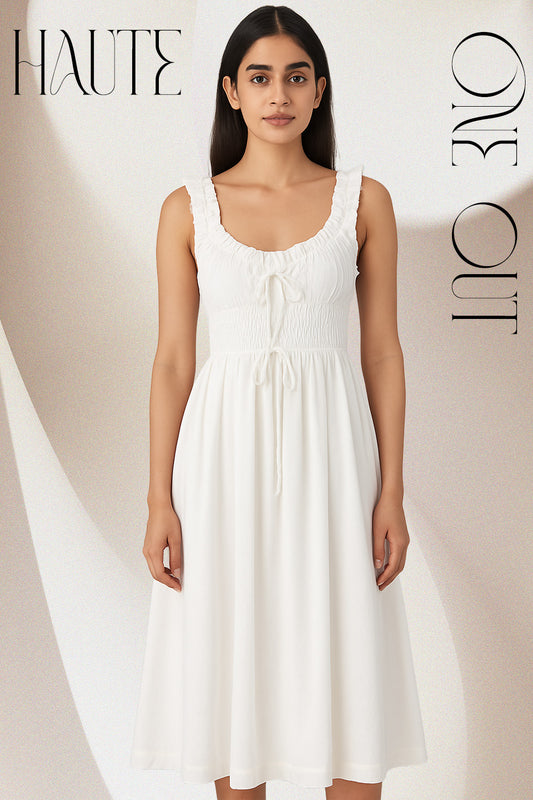 Ruffle-Strap Smocked Midi Dress – White