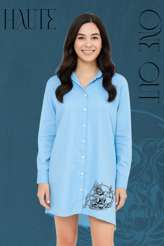 Sky Blue Oversized Shirt Dress with Artistic Print