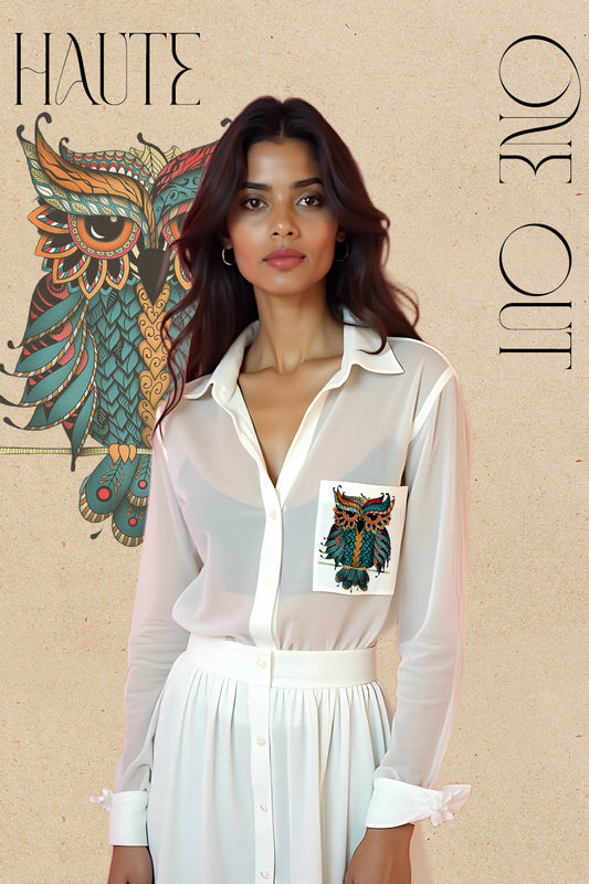 Ivory Sheer Shirt Dress with Printed Patch Pocket