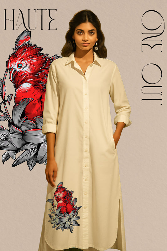 White Oversized Shirt Dress with Artistic Side Print
