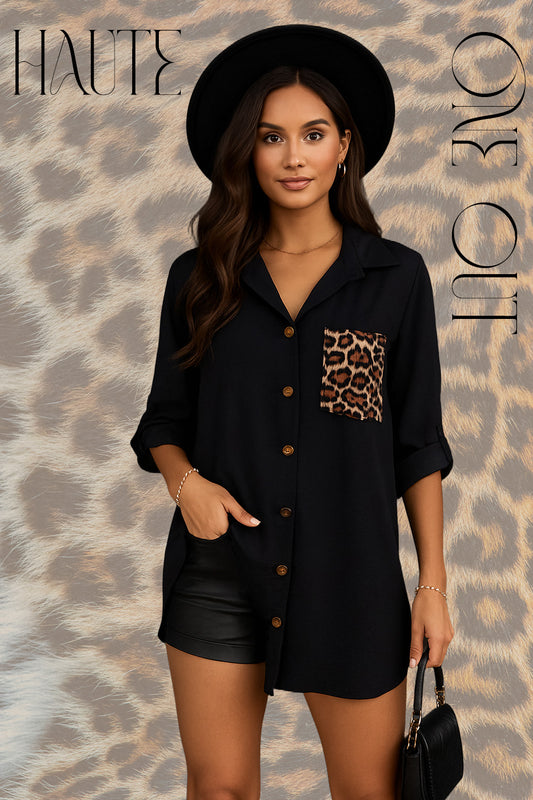 Black Shirt with Animal Printed Patch Pocket