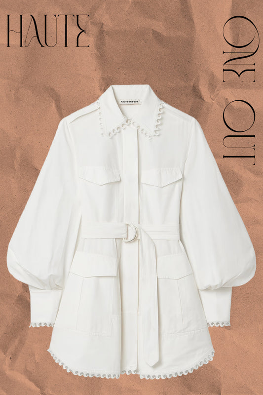 White Belted Shirt Dress with Scallop Detail